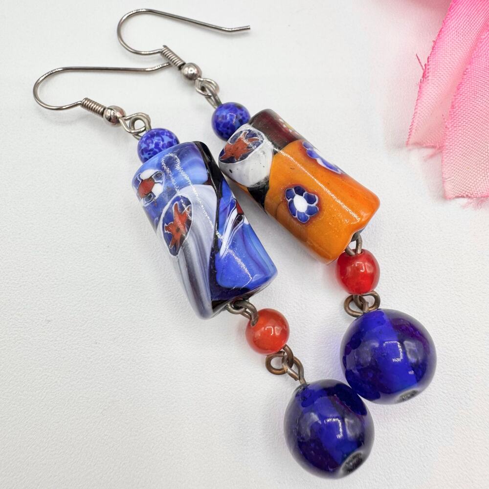 Art Glass Millefiori Beaded Dangle Earrings Artisan Art Teacher Artsy Fun